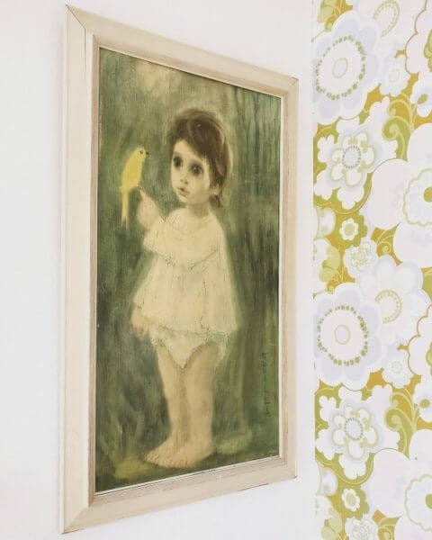 vintage schilderij kind met gele kanarie knringloop